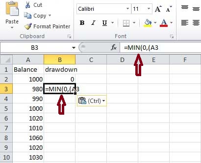 drawdown formula excel