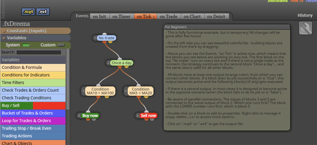 fxDreema's live visual builder workspace,